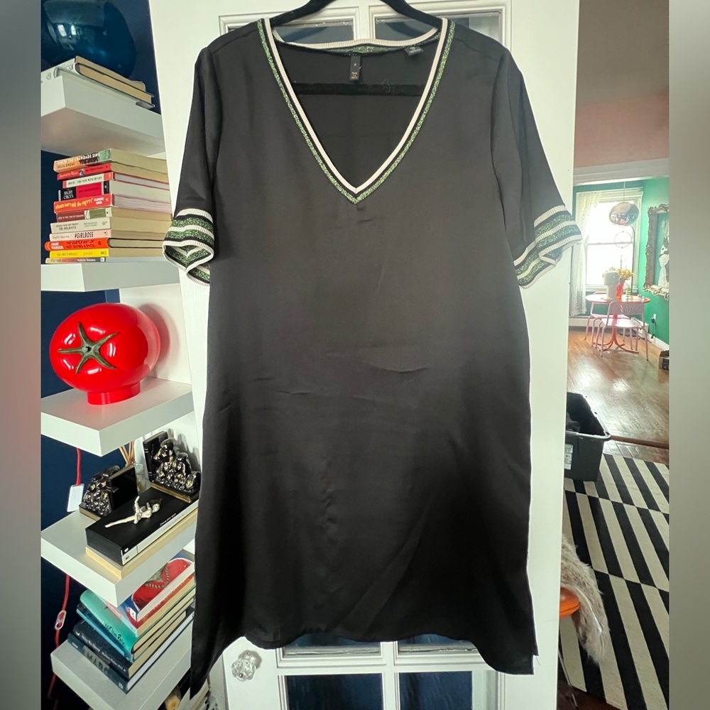 Black V-Neck Dress with Silver and Green Trim